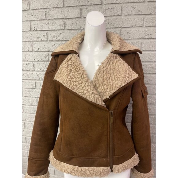 Ruff Hewn Women Brown Long Sleeve Mico-Fiber Sherpa Lined Bomber Jacket Size M - Picture 1 of 9